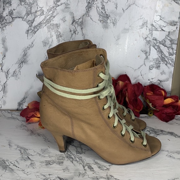 Ash Iggy Lace Up Peep Toe Tan Leather Ankle Booties - Picture 2 of 14